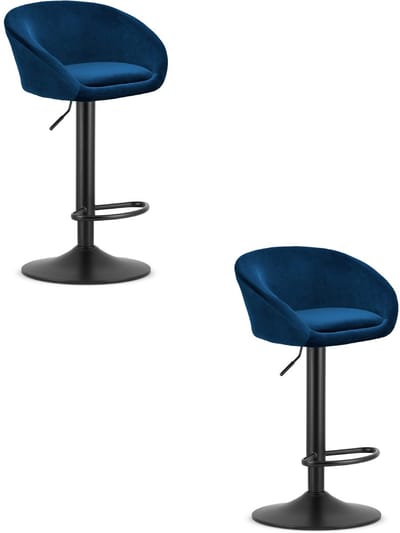 Set van 2 Barkrukken EAST – Velvet Donkerblauw - Zwarte Basis - Rugleuning, Verstelbare Hoogte, 360° Draaibaar, Comfortabele Voetsteun, Modern Design, Max. 110 kg