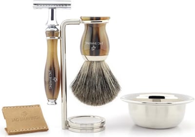 Klassieke handgemaakte scheerset voor heren met dubbelzijdig veiligheidsscheermes, synthetische scheerkwast, scheerkom en standaard cadeauset