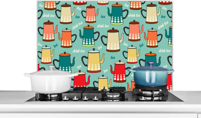 Spatscherm keuken 80x55 cm - Kookplaat achterwand Patronen - Thee - Theepot - Vintage - Muurbeschermer - Spatwand fornuis - Hoogwaardig aluminium