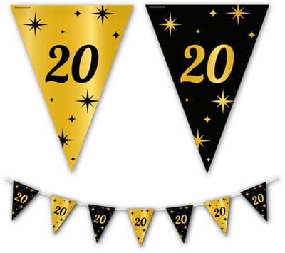 BTH - Slingers - 20 Jaar - Goud en Zwart - Slingers Verjaardag - Vlaggenlijn - Verjaardag Versiering - Verjaardag - 1 st.