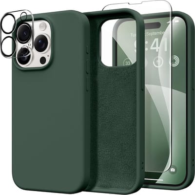 Stravo Siliconen Hoesje geschikt voor iPhone 15 Pro , Groen, Met 1X Screenprotector + 1X Cameralensbeschermer, [Zachte Krasbestendige Microvezelvoering], Vloeibare Siliconen Schokbestendige Beschermende Telefoonhoes 6.1"