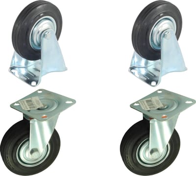 Set van 4 Zwenkwielen Transportwielen 125mm | 2 x zwenkwiel / 2 x bokwiel | 125-37,5/50 | Stalen Velg | Rubberen Band | Draagvermogen per wiel 100kg | Bevestigingsplaat 100x80mm | Bouwhoogte 155mm