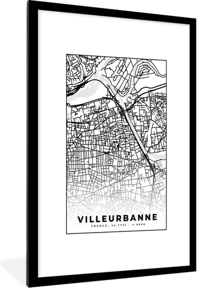 Fotolijst incl. Poster Zwart Wit- Frankrijk - Plattegrond - Villeurbanner - Stadskaart - Kaart - Zwart wit - 80x120 cm - Posterlijst