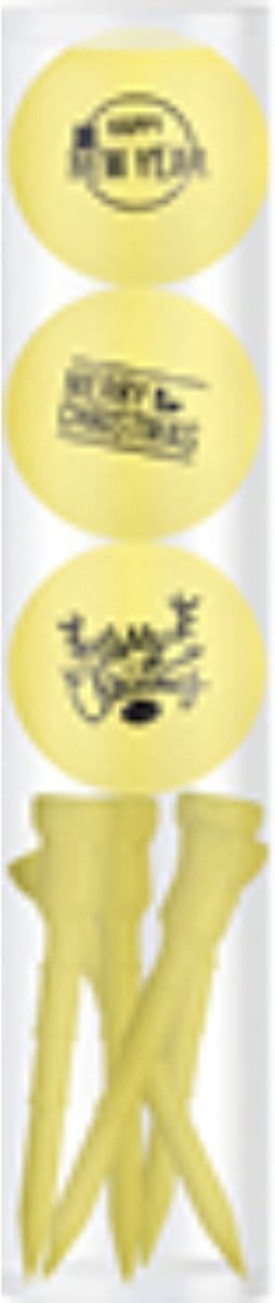 Golfballen Gift Set Merry Christmas-Happy Newyear Yellow Inclusief Tees