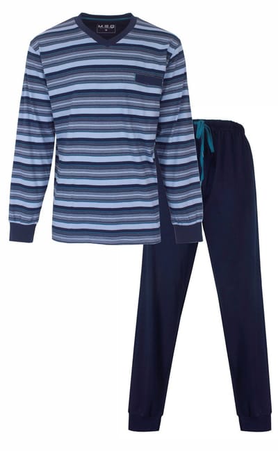 MEQ Heren Pyjama - V hals - Zijzakken - Gestreept - Blauw - Maat S