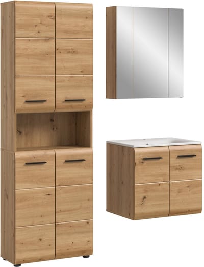 Moderne badcombinatie met hoge kast - Eiken look en zwart front - 4-delige set - 135x185x46cm
