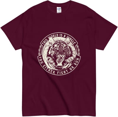 Tijger T Shirt Dames Heren - This World is a Jungle - Fight or Run - Bordeaux Rood - S