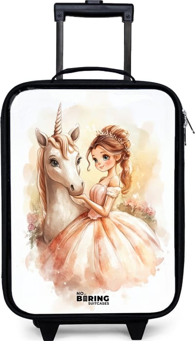 NoBoringSuitcases.com® - Kinderkoffer jongen - Kindertrolley meisje - Prinses in jurk met witte eenhoorn - Koffer kind lichtgewicht - Reiskoffer trolley voor kinderen - Koffertje met lichtgevende wieltjes - Rolkoffer zwart