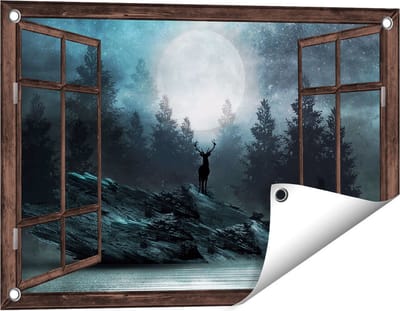 Gards Tuinposter Doorkijk Hert op een Rots tijdens Volle Maan - 60x40 cm - Tuindoek - Tuindecoratie - Wanddecoratie buiten - Tuinschilderij