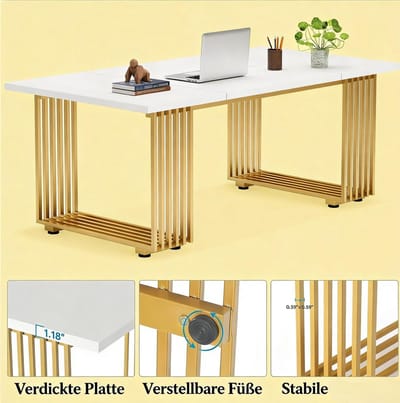 Bureau - Ruim Werkblad Voor Kantoor En Thuiswerkplek - Vast Model Met Verstelbare Voetjes - Hout En Metaal - 180x79x78 Cm - Wit Goud