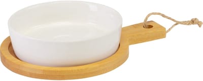 Westmark Serveerset/Keramische Kommen op Bamboe Bord, 2-delig, rond, met handvat, ø 11 cm, Bamboe/Keramiek, Tapas + Friends, Lichtbruin/Wit, 69642270