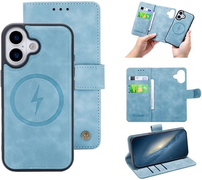 Casemania Hoesje Geschikt voor Apple iPhone 17 - Aqua Blue - Kunstleer 2 in 1 Afneembare Bookcase - Geschikt voor MagSafe - Magnetische Telefoonhoesje met Pasjeshouder en Standaardfunctie