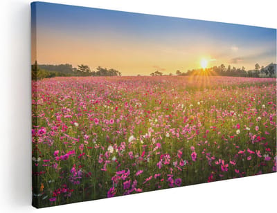 Artaza Canvas Schilderij Bloemenveld - 40x20 cm - Klein - Wanddecoratie Bloemen - Muurdecoratie Zonsondergang - Schilderijen Op Canvas