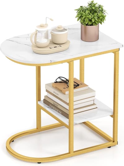 Bijzettafel C-vorm - Salontafel nachtkastje - Naast bank bed - 2 niveaus opbergruimte - 60x40x60 cm - Marmer wit goud