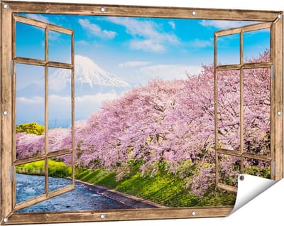 Gards Tuinposter Doorkijk Roze Bloesembomen bij de Fuji Berg - 120x80 cm - Tuindoek - Tuindecoratie - Wanddecoratie buiten - Tuinschilderij