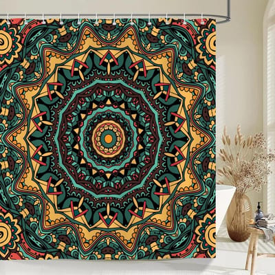 Indiase Boheemse Stoffen Douchegordijn Badkamergordijnen Boho Mandala Waterdichte Stof Badscherm Badkuip Decor met 12 Haken W150xH180cm