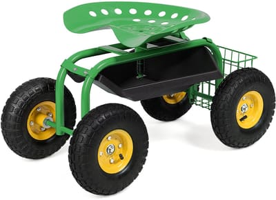 COSTWAY Rolzitje met wielen, 360 graden draaibaar, in hoogte verstelbaar, tuinzitje met plank en mand, tot 150 kg, brede rubberen banden, tuinrolstoel voor tuinieren, werkstoel, tuinwagen, metaal,