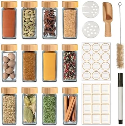 PromoHome Kruidenpotjes Set van 12 - 120ml - Met Bamboe Deksel, Strooi-inzetstukken, Labels, Houten Lepel en Borstel - Luchtdichte Bewaarcontainers voor Keukenkruiden