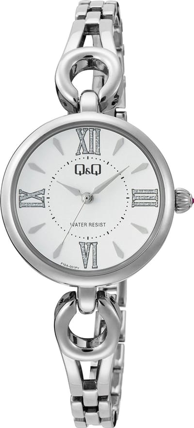 Q&Q F10A-001PY - Horloge - Polshorloge - Analoog - Dames - Vrouwen - Metalen band - Rond - Metaal - Streepjes - Romeinse cijfers - Zilverkleurig - Wit - Briljanten