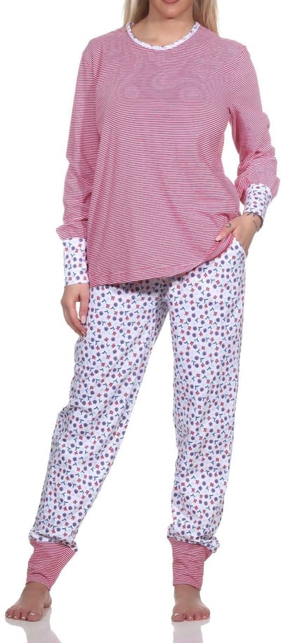 Normann Dames Pyjama Lange Mouwen met Manchet, Top Gestreept, Broek Bloemenbedrukt