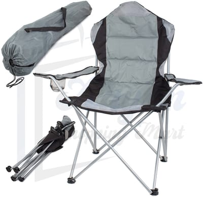 XL Opvouwbare Vissersstoel – Campingstoel, Tuinstoel & Vistoel met Armsteun, Opbergvak en Draagtas – Comfortabel & Stevig – Grijs/Zwart – 18003