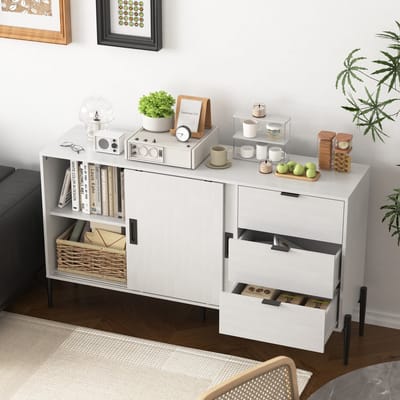 Wishdor Opbergkast Met Geribbeld Glas - 2 Deuren En 3 Lades - Klassiek En Modern - Spaanplaat - Wit