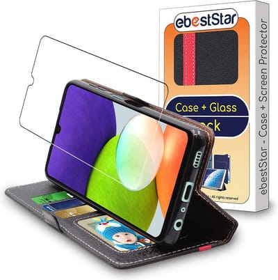 ebestStar - Hoes geschikt voor Samsung Galaxy A22, Wallet Etui, Book case hoesje, Zwart, Rood + Gehard Glas