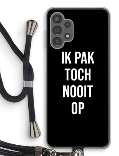 Case Company® - Hoesje met koord geschikt voor Samsung Galaxy A13 4G hoesje met Koord - Ik pak nooit op - Zwart - Telefoonhoesje met Zwart Koord - Bescherming aan alle Kanten en Over de Schermrand