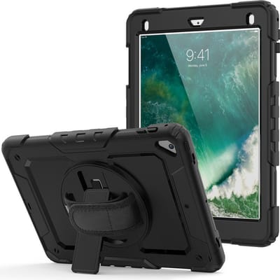 Kidscase Geschikt voor: iPad 2017 / 2018 / Pro 9.7 / Air 1 / Air 2 Tablet - Armor Case - Schermbeschermer - ShockProof - Handstrap - met Schouderband - Zwart / Zwart - ZT Accessoires
