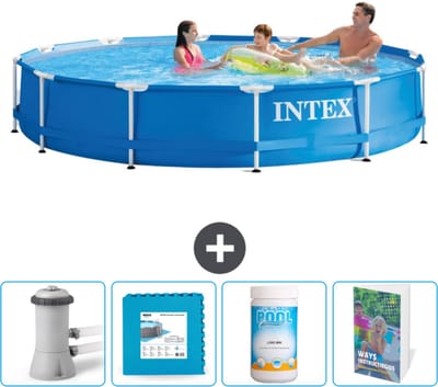 Intex Rond Frame Zwembad - 366 x 76 cm - Blauw - Inclusief Zwembadfilterpomp - Vloertegels - Chloor - Zwembadgids