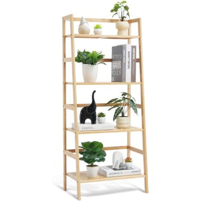 VEVOR 4-laags bamboe ladderplank trapeziumvormig open boekenplank opbergrek vrijstaande bloemen- en plantenstandaard archiefplank ideaal voor badkamer slaapkamer kantoor studeerkamer