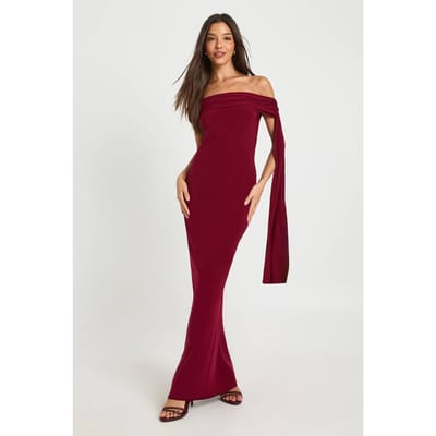 boohoo Dames Maxi Jurk met Twist Detail en Off-Shoulder Drapering | Wijn | Maat: 40