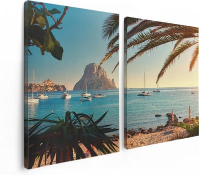 Artaza Canvas Schilderij Tweeluik Ibiza Cala d'Hort Strand  - 120x80 - Foto Op Canvas - Canvas Print
