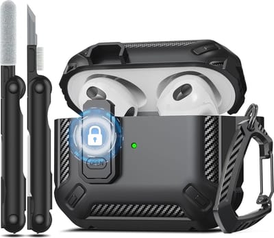 Compatibele Hoes met Reinigingsset voor AirPods 3 - Beschermende Hardcase met Veiligheidsslot - Zwart