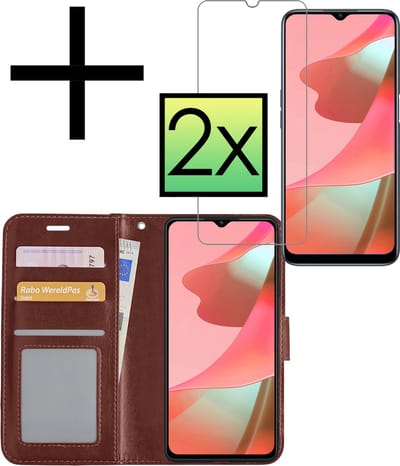 Hoesje - Met 2x Screenprotector - Geschikt voor OPPO A16s - Luxe Pasjeshouder - Bookcase Portemonee - Flip Case - Kunstleer Book Case - Flipcase Hoes - Book Cover - Walletcase - Portemonneehoes - Bruin