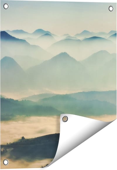 Gards Tuinposter Heuvel Landschap tijdens de Mist - 40x50 cm - Tuindoek - Tuindecoratie - Wanddecoratie buiten - Tuinschilderij