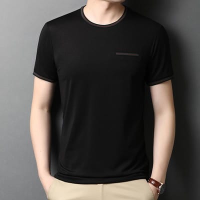 T-shirt d'été pour hommes en soie de mûrier fine à manches courtes Édition Jeunesse Surpiqûre Mode Pull Mercerisé Tendance Sweat-shirt XXXL black