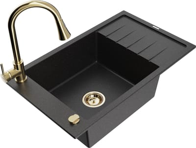 Mexen Elias granieten gootsteen met 1 bak, afdruiprek en keukenmengkraan Elia, zwart/zilveren metallic - 6511-73-670101-50