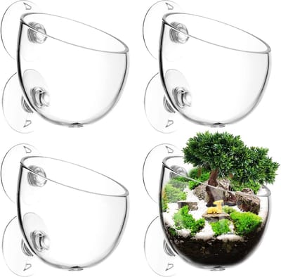 4 stuks waterplantenpotten, aquarium, decoratie, kristalglas, glas, beker, plantenhouder, beker, pot, plant voor aquariumplanten, met 8 zuignappen