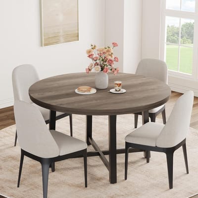 Ronde eettafel 47 inch voor 4 tot 6 personen – Modern houten blad met industrieel metalen onderstel – Ruimtebesparende keukentafel voor appartement en ontbijthoek – 120×120×76 cm – Vintage grijs