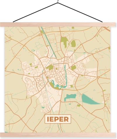 Posterhanger incl. Poster 40x40 cm - Schoolplaat - Vintage - Ieper - Plattegrond - Kaart - Stadskaart - Textielposter - Blanke latten - Stadskaart