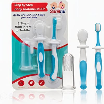 Sanitral Baby's First Toothbrush Kit - Stap voor stap tandenborstelset 0-2 jaar - Veiligheidsgetest en BPA-vrij 3-pack (vinger-tandenborstel voor baby's, siliconen tandenborstel voor baby's en peutertandenborstel) - Blauw