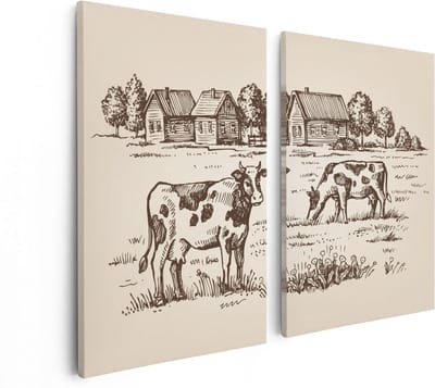 Artaza Canvas Schilderij Tweeluik Getekende Koeien Op Een Boerderij - Abstract - 80x60 - Foto Op Canvas - Canvas Print