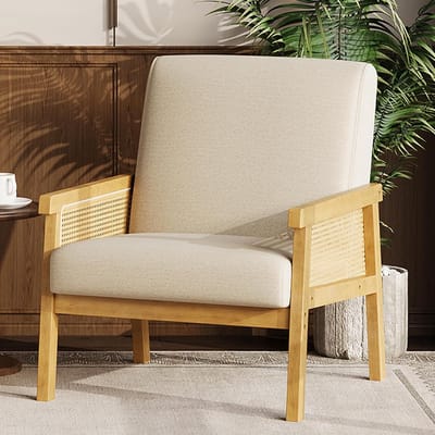 Accentstoel van linnen in mid-century-stijl, rotan fauteuil met houten armleuningen en poten, moderne loungestoel voor de woonkamer/slaapkamer/leeshoek/wachtkamer, beige
