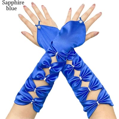 Gants de Mariage Longs Élastiques Satin Plissés Nœud Coude Sarcelle Gants Sans Doigts Soirée Bal de Promo bleu saphir