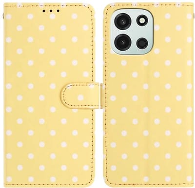 Hoesje Geschikt voor OnePlus Nord 6 | Polka Dot Wallet Book Case | Portemonnee Hoesje | 3 Pasjes | Magneetsluiting | Stand Functie | Geel