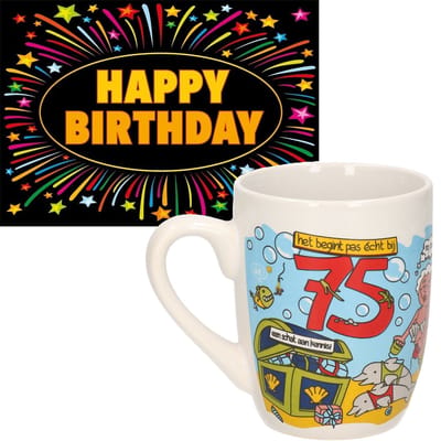 Paperdreams Grappige verjaardag mok/beker 75 jaar man fun tekst 300 ml + wenskaart Happy Birthday