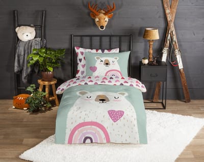 Good Morning dekbedovertrek beer met hart en regenboog - 1 persoons 140x200/220 cm - Multi - 100% Katoen flanel