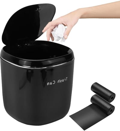 Kleine prullenbak voor op tafel met pop-up deksel, zwart, mini prullenbak voor op tafel, 2,5 liter, voor slaapkamer, badkamer, met 2 rollen vuilniszakken