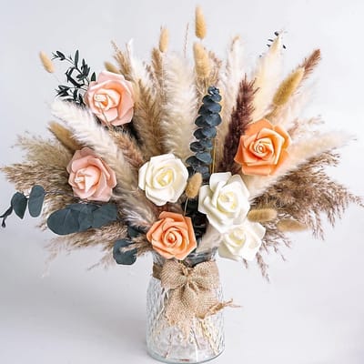 Famanu – Gedroogd pampasgras decoratie boeket met konijnenstaarten, boho bloemen voor tafeldecoratie en rustieke feesten